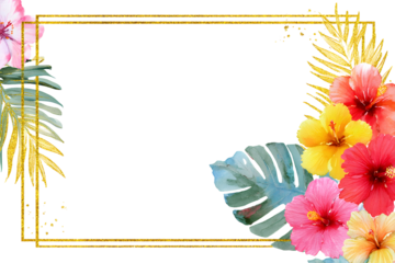 Tropical watercolor floral border frame pink orange botanical leaf accent. Isolated on transparent.