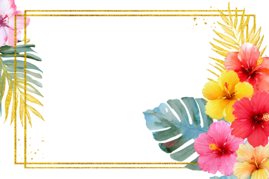 Tropical watercolor floral border frame pink orange botanical leaf accent. Isolated on transparent.