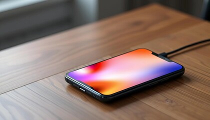 Sleek black smartphone on wooden table, charging wirelessly,  still life,  connection