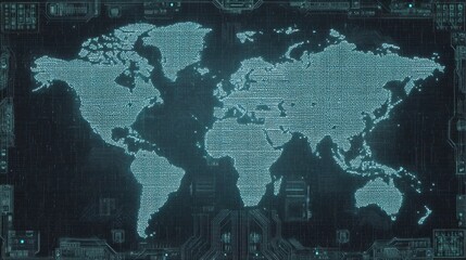 Digital World Map with Binary Code Overlay Presenting a Technological Theme for Future and Cyber Security Concepts