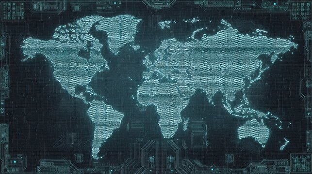 Digital World Map with Binary Code Overlay Presenting a Technological Theme for Future and Cyber Security Concepts