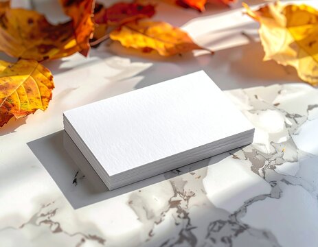 Blank business card on autumn leaves background. - Powered by Adobe