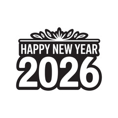 Happy New Year 2026 Greeting Card with Bold Typography and Decorative Floral Element