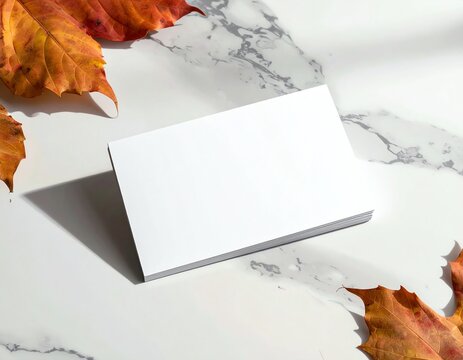 Blank business card on marble with autumn leaves.
