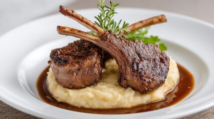 Succulent Rack of Lamb on Creamy Polenta with Garnish of Fresh Herbs and Rich Sauce for Gourmet Culinary Presentation