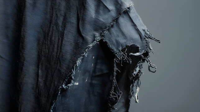 Black torn textile with ragged opening and loose threads