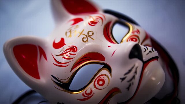 Traditional Japanese Kitsune Mask with Intricate Red and Gold Designs, Close-Up View.
