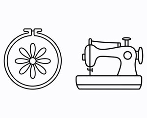 Elegant Embroidery Hoop with Floral Design and Classic Sewing Machine A Creative Fusion of Textile Arts and Vintage Craftsmanship in Line Art