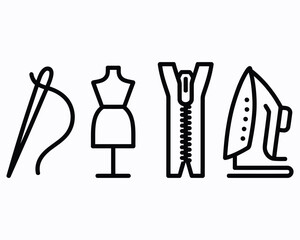 Sewing and Tailoring Tools Icons Illustrate the Craftsmanship Process Sewing Kit with Needle, Mannequin, Zipper and Clothes Iron Black and White Art