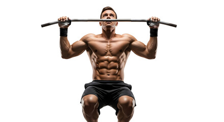Man performing pull-ups, demonstrating strength and fitness with sculpted abdominal muscles, isolated on white background
