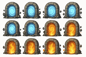 Set of magical portals with blue and orange swirling energies in stone frames
