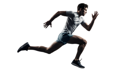A male athlete in mid-stride during a sprint, captured against a clean white background, showcasing peak physical condition and determination