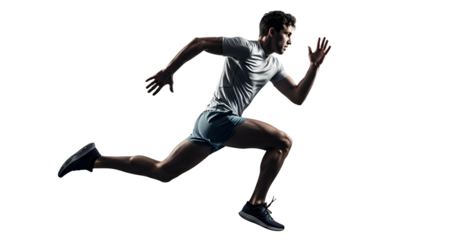A male athlete in mid-stride during a sprint, captured against a clean white background, showcasing peak physical condition and determination - Powered by Adobe