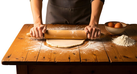 Hands using a rolling pin to flatten dough on a wooden table, with flour and eggs nearby, preparation for baking