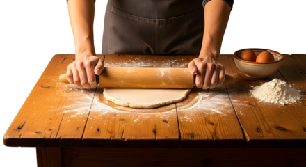 Hands using a rolling pin to flatten dough on a wooden table, with flour and eggs nearby, preparation for baking