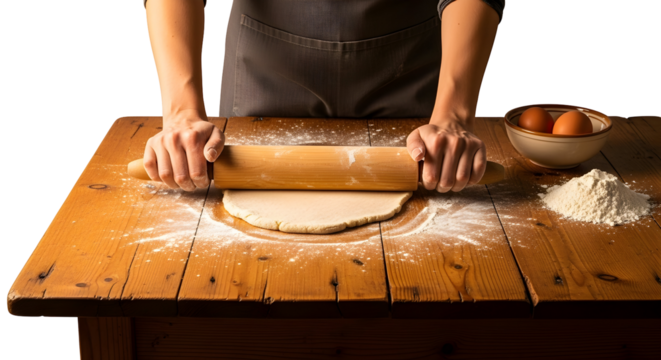 Hands using a rolling pin to flatten dough on a wooden table, with flour and eggs nearby, preparation for baking