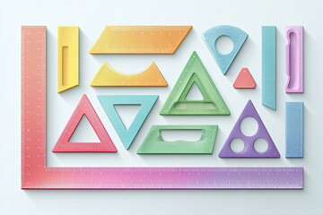 Assorted colorful geometric rulers arranged in a rectangular layout on a light background.  A variety of shapes including triangles, rectangles, and curves are depicted in translucent pastel shades. 