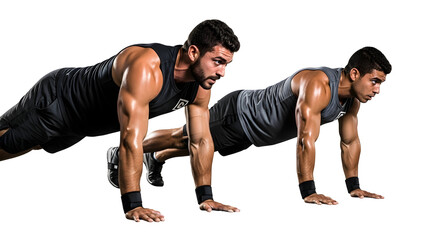 Two muscular men performing push-ups in a gym for a fitness workout