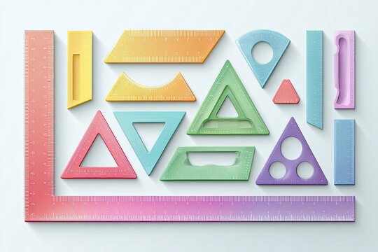 Assorted colorful geometric rulers arranged in a rectangular layout on a light background.  A variety of shapes including triangles, rectangles, and curves are depicted in translucent pastel shades. 