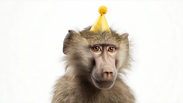 A baboon wearing a yellow party hat. The animal has a light brown fur coat and a distinct facial structure. The background is plain white, emphasizing the subject.