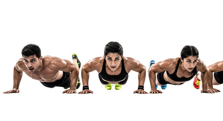 Group of fit men and women performing push-ups during a workout session on a white background