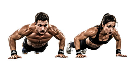 Fit Man and Woman Doing Push-ups Together Demonstrating Strength and Endurance in a Studio Setting