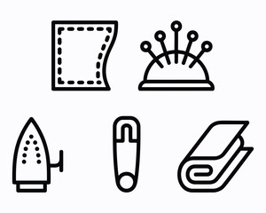 Sewing Essentials Depicted in a Clean and Modern Icon Set Representing Fabric, Pins, Iron, and Folded Material for Fashion, Design, and Crafting
