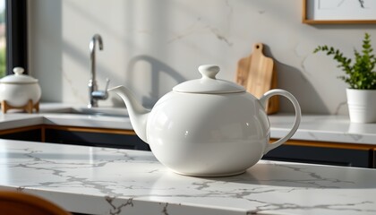 A white teapot with a matching lid sits prominently on a kitchen countertop. The counter is adorned with marble backsplash