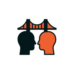 Vector icon of two stylized human heads facing each other, connected by a simplified suspension bridge