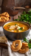 Delicious Creamy Vegetable Soup with Bread.