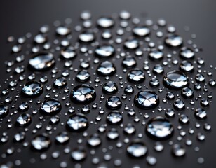 A close up view of numerous water droplets reflecting light, creating a mesmerizing pattern against a dark background.