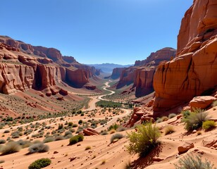 An expansive desert landscape characterized by towering red rock formations in the foreground