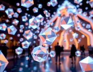 An indoor scene with a prominent display of geometric shapes, possibly crystals or light effects, against a dark background