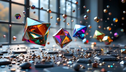 An abstract scene featuring colorful crystalline shapes in dynamic motion, scattered across a dark surface with a hint of bokeh