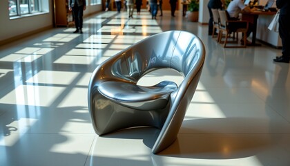 An artistic sculpture of an abstract chair is prominently displayed in a spacious room with a high ceiling and ample natural light
