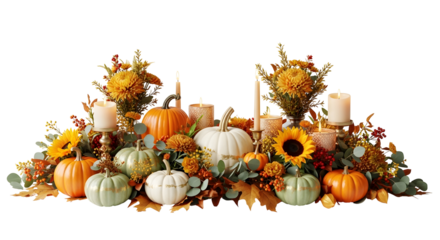 Festive autumn harvest arrangement with pumpkins, gourds, candles, and sunflowers on a white background