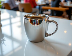 A silver coffee cup with a handle on a tabletop. The cup is reflecting something that appears to be a bright light source