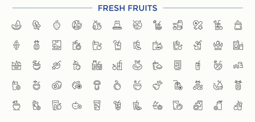 Fresh Fruits icon set. Fruits icon set. Minimalist editable vector stroke. Contains such icons as apple, food, berry, fruits, fruit and more. Vector illustration.