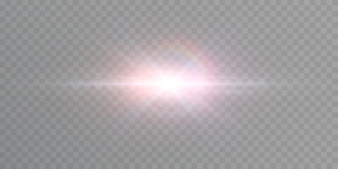 A bright white flash of light with a soft glow and reflection from lenses on a transparent background. Realistic flash flickering effect.