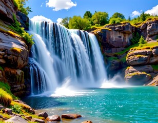 A tranquil natural landscape featuring a majestic waterfall cascading down a rocky cliff amidst lush greenery