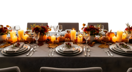 Beautifully Decorated Thanksgiving Dinner Table Setting with Pumpkins and Candles