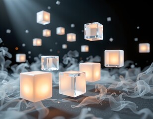 A captivating 3D digital artwork featuring a collection of translucent cube structures with glowing interiors