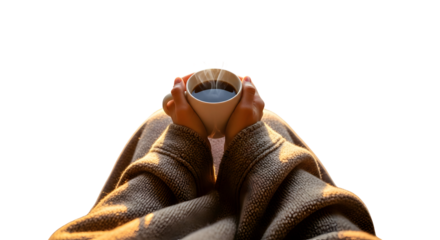 Cozy morning coffee ritual hands cradling a warm mug of black coffee, wrapped in a soft blanket