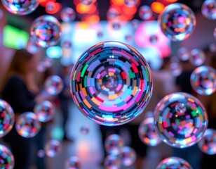 A vibrant scene of an indoor room, where numerous bubbles, each with its own unique pattern, are suspended in mid air
