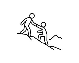 Minimalist line art vector graphic of two figures helping each other climb a mountain silhouette vector illustration white background