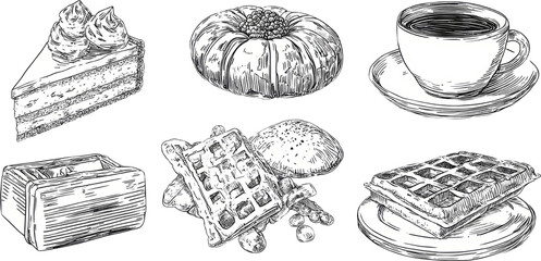 Delicious sketch bakery food set with sweet cake, pastry, waffle, and coffee