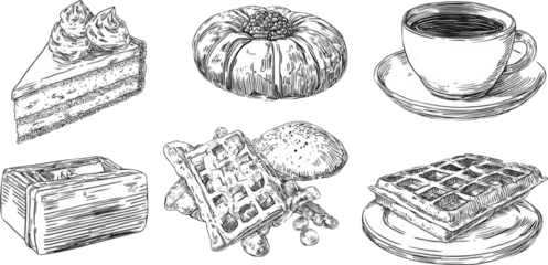 Delicious sketch bakery food set with sweet cake, pastry, waffle, and coffee