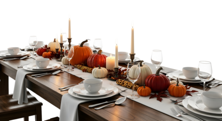 Autumn harvest thanksgiving table setting with pumpkins and candles, festive holiday decor