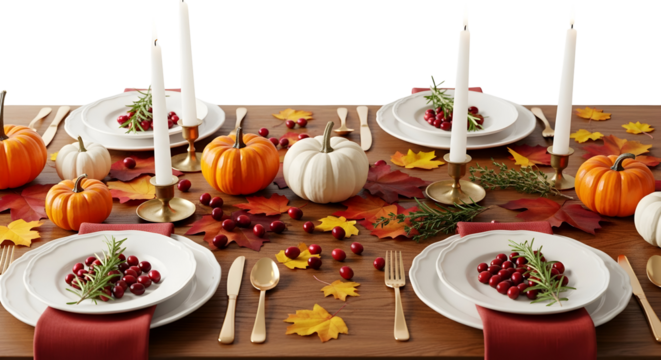 A beautifully set dining table for a fall harvest celebration, adorned with pumpkins, cranberries, and autumn leaves