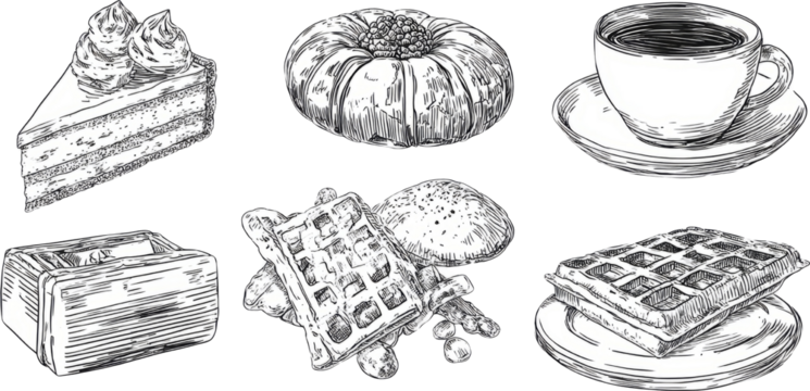 Delicious sketch bakery food set with sweet cake, pastry, waffle, and coffee
